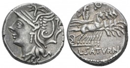 L. Appuleius Saturninus. Denarius circa 104, AR 17.60 mm., 3.91 g.
Helmeted head of Roma l. Rev. Saturn in quadriga r., holding reins and harpa; abov...