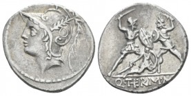 Q. Minucius M. f. Ter. Denarius circa 103, AR 18.80 mm., 3.86 g.
 Helmeted head of Mars l. with branch and annulet on bowl. Rev. Roman soldier fighti...