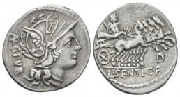 L. Sentius C.f. Denarius circa 101, AR 19.90 mm., 3.86 g.
Helmeted head of Roma r.; behind, ARG PVB. Rev. Jupiter in prancing biga r.; below horses, ...