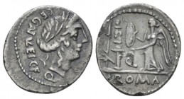 C. Egnatuleius C.f. Quinarius circa 97, AR 16.00 mm., 1.47 g.
C·EGNATVLEI·C·F·Q Laureate head of Apollo r. Rev. Victory standing l. inscribing shield...