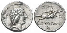 L. Piso Frugi. Denarius circa 90, AR 18.40 mm., 3.93 g.
Laureate head of Apollo r.; behind, XXXII. Rev. Horseman galloping r., holding torch in uprai...