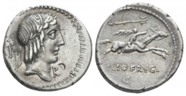 L. Piso Frugi. Denarius circa 90, AR 17.80 mm., 3.94 g.
Laureate head of Apollo r.; below chin, R and behind, labrys. Rev. L PISO FRVGI below, horsem...