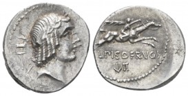 Denarius circa 90, AR 17.10 mm., 3.88 g.
Laureate head of Apollo r.; behind, antelope on pedestal. Rev. Horseman galloping r., holding whip in uprais...