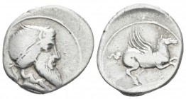 Q. Titius. Denarius circa 90, AR 19.00 mm., 3.77 g.
Head of Mutinus Titinus r., wearing winged diadem. Rev. Pegasus prancing r.; below, Q·TITI in lin...