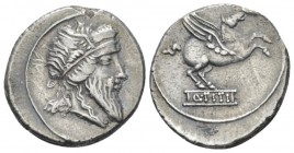 Q. Titius Denarius circa 90, AR 19.00 mm., 3.76 g.
Head of Mutinus Titinus r., wearing winged diadem. Rev. Pegasus prancing r.; below, Q·TITI in line...