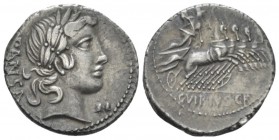 C. Vibius C.f. Pansa. Denarius circa 90, AR 19.30 mm., 3.91 g.
PANSA Laureate head of Apollo r.; below chin, control mark. Rev. Minerva in fast quadr...