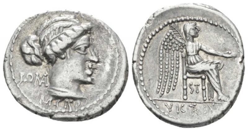 M. Cato. Denarius circa 89, AR 21.00 mm., 3.96 g.
Diademed and draped female bu...