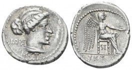 M. Cato. Denarius circa 89, AR 21.00 mm., 3.96 g.
Diademed and draped female bust r., behind, ROMA and below neck truncation, M CATO. Rev. Victory se...