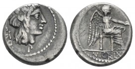 M. Cato. Quinarius circa 89, AR 14.00 mm., 2.09 g.
M·CATO Ivy-wreathed head of Liber r. Rev. Victory seated r., holding patera in r. hand and palm-br...