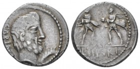 L. Tituri L.f. Sabinus Denarius circa 89, AR 18.50 mm., 4.03 g.
SABIN Head of King Tatius r.; below chin, palm branch. Rev. Rape of the Sabine women;...