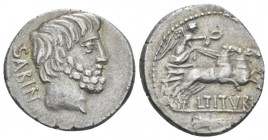 L. Tituri L.f. Sabinus. Denarius circa 89, AR 19.00 mm., 4.03 g.
SABIN Head of King Tatius r. Rev. Victory in biga r., holding wreath; below, L·TITVR...