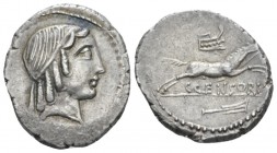 C. Marcius Censorinus. Denarius circa 88, AR 17.30 mm., 3.56 g.
Diademed head of Apollo r. Rev. Horse prancing r.; above, prow and below, C·CENSORIN....