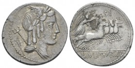 L. Iulius Bursio. Denarius circa 85, AR 20.30 mm., 3.92 g.
Male head r., with the attributes of Apollo, Mercury and Neptune; behind, sceptre. Rev. Vi...