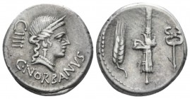 C. Norbanus. Denarius circa 83, AR 17.70 mm., 3.76 g.
C·NORBANVS Diademed head of Venus r.; behind, LVIII. Rev. Fasces with axe between ear of corn a...