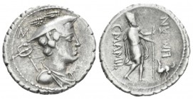 C. Mamilius Limetanus Denarius serratus circa 82, AR 20.00 mm., 3.91 g.
Draped bust of Mercury r., wearing winged petasus; caduceus over l. shoulder;...