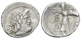 L. Procilius. Denarius circa 80, AR 19.00 mm., 3.73 g.
Laureate head of Jupiter r.; behind, S·C. Rev. L·PROCILI / F Juno Sospita standing r., holding...