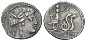 M. Volteius M.f. Denarius circa 78, AR 17.80 mm., 3.96 g.
Head of Liber r., wearing ivy-wreath. Rev. Ceres in biga of snakes r., holding torch in eac...