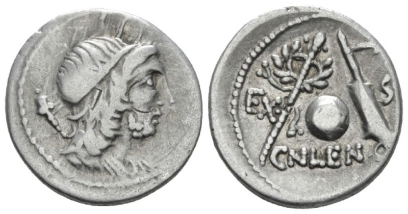 Cn. Cornelius Lentulus. Denarius Spain (?) 76-75, AR 19.00 mm., 3.88 g.
Draped ...