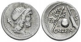 Cn. Cornelius Lentulus. Denarius Spain (?) 76-75, AR 19.00 mm., 3.88 g.
Draped bust of the Genius Populi Romani r., hair tied with band and sceptre o...