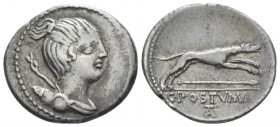 C. Postumius. Denarius circa 74, AR 19.50 mm., 3.85 g.
Draped bust of Diana r., with bow and quiver over shoulder. Rev. Hound running r.; below, spea...