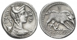 C. Hosidius C.f. Geta. Denarius circa 68, AR 17.20 mm., 4.10 g.
III·VIR – GETA Diademed and draped bust of Diana r., with bow and quiver over shoulde...