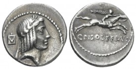 C. Piso L.f. Frugi. Denarius circa 67, AR 18.00 mm., 3.72 g.
Laureate head of Apollo r.; behind, voting tablets. Rev. Winged horseman galloping r., a...