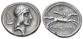 C. Piso L.f. Frugi. Denarius circa 67, AR 18.20 mm., 3.95 g.
Laureate head of Apollo r.; behind, lyre on harp. Rev. Winged horseman galloping r., abo...