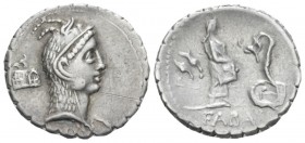 L. Roscius Fabatus. Denarius serratus circa 64, AR 19.00 mm., 3.84 g.
Head of Juno Sospita r.; behind, chicken coop and below neck truncation, L ROSC...