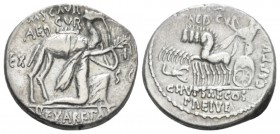 M. Aemilius Scaurus, P. Plautius Hypsaeus. Denarius circa 58, AR 18.00 mm., 3.92 g.
M·SCAVR / AED·CVR Kneeling figure r., holding olive branch and re...