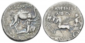 M. Aemilius Scaurus, P. Plautius Hypsaeus Denarius circa 58, AR 17.00 mm., 3.89 g.
M·SCAVR / AED·CVR Kneeling figure r., holding olive branch and rei...