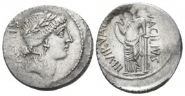 Mn. Acilius Glabrio. Denarius circa 49, AR 19.50 mm., 3.98 g.
SALVTIS Laureate head of Salus r. Rev. MN·ACILIVS – III·VIR·VALETV Valetudo standing l....