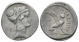 T. Carisius. Denarius circa 46, AR 17.10 mm., 3.77 g.
Head of Sybil r. Rev. T·CARISIVS Sphynx r.; in exergue, III·VIR. Babelon Carisia 11. Sydenham 9...