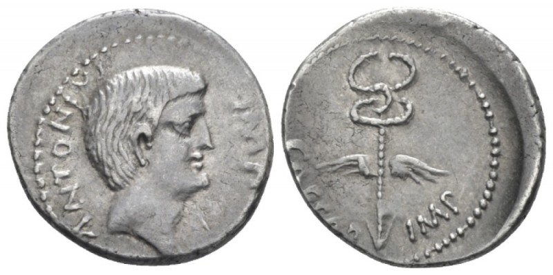 C. Caesar Octavianus and Marcus Antonius. Denarius mint moving with Octavian 39,...