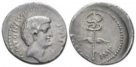 C. Caesar Octavianus and Marcus Antonius. Denarius mint moving with Octavian 39, AR 19.00 mm., 4.05 g.
ANTONIVS – IMP Head of M. Antonius r. Rev. CAE...