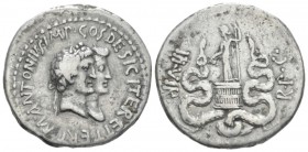 Marcus Antonius and Octavia. Cistophoric tetradrachm circa 39, AR 25.60 mm., 12.02 g.
M·ANTONIVS·IMP ·COS· DESIG·ITER ET·TERT Jugate busts of Marcus ...