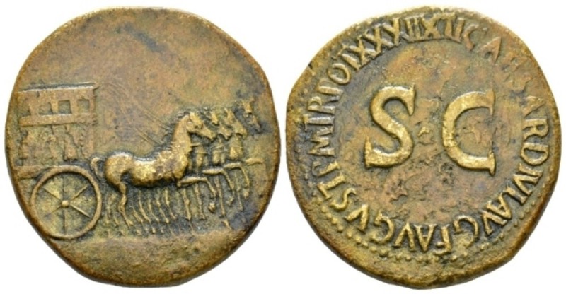 Tiberius, 14-37 Sestertius Rome 36-37, Æ 34.00 mm., 26.12 g.
Empty horse-drawn ...