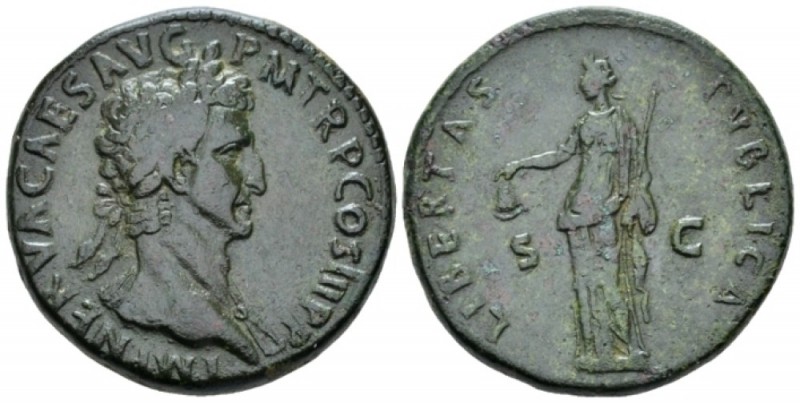 Nerva, 96-98 Sestertius Rome 97, Æ 34.00 mm., 26.03 g.
 Laureate bust r., with ...