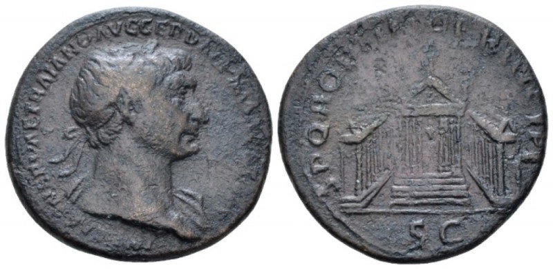 Trajan, 98-117 As circa 107-111, Æ 27.70 mm., 10.18 g.
Laureate bust r, drapery...