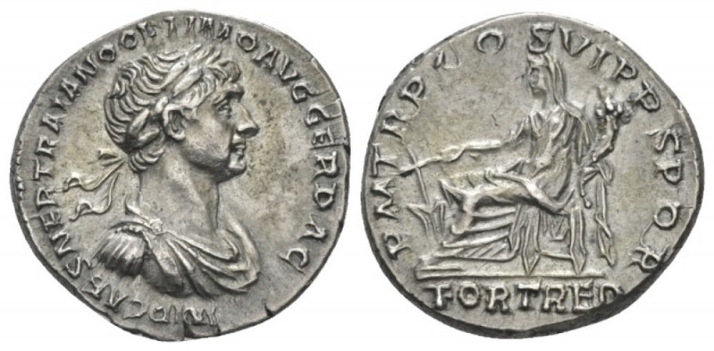 Trajan, 98-117 Denarius Rome circa 114-116, AR 17.00 mm., 3.34 g.
 Laureate, dr...