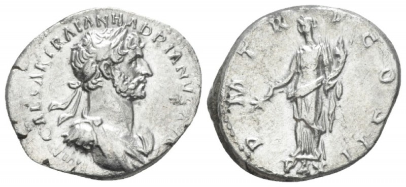 Hadrian, 117-138 Denarius Rome 118, AR 17.00 mm., 3.63 g.
Laureate and cuirasse...