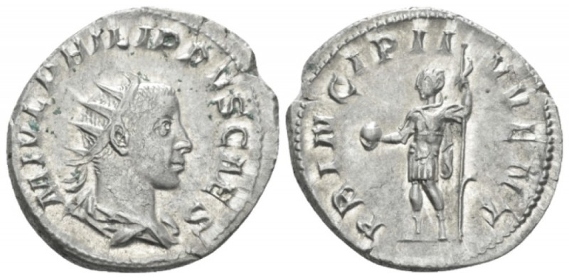 Philip II Caesar, 244-247 Antoninianus circa 245-246, AR 22.00 mm., 3.96 g.
Rad...