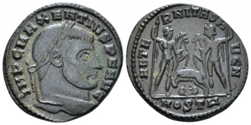 Maxentius, 306-312 Follis Ostia 309-312, Æ 22.00 mm., 6.75 g.
Laureate head r. ...