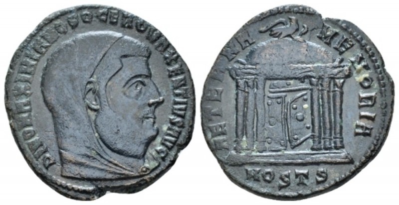 Maxentius, 306-312 Follis Ostia 309-312, Æ 22.00 mm., 5.60 g.
Veiled head r. Re...