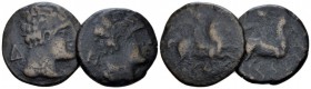 Hispania, Tarraco Lot of 2 Bronzes Early I cent. BC, 24.00 mm., 15.32 g.
Male head r. Rev. Horseman riding r. holding palm frond. ACIP 1211. CNH 96. ...