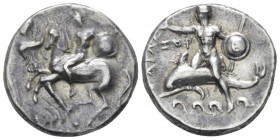 Calabria, Tarentum Nomos circa 281-270, AR 20.06 mm., 7.74 g.
 Nike restraining horse prancing l.; the rider holds shield and spear. Rev. Dolphin rid...