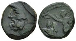 Lucania, The Lucani Reduced sextans circa 210-213, Æ 17.90 mm., 5.98 g.
Head of Ares l., wearing Corinthian helmet. Rev. Nike standing l., crowning t...