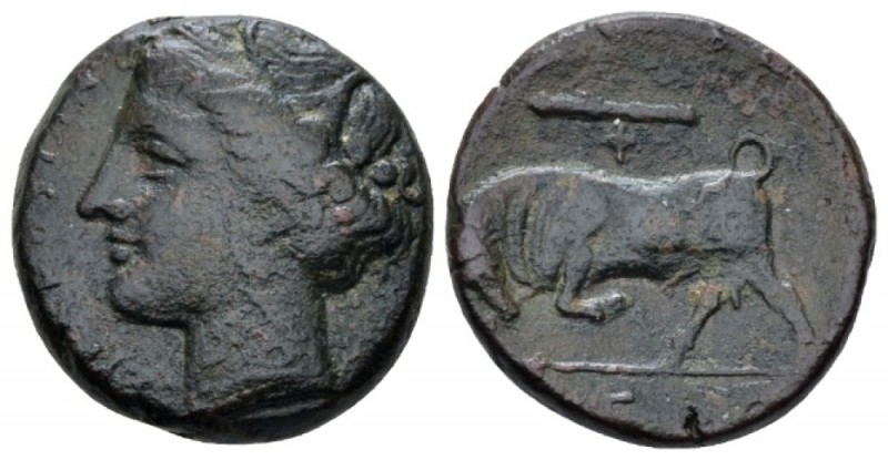 Sicily, Syracuse Bronze circa 275-216, Æ 19.00 mm., 5.83 g.
Wreathed of Kore l....