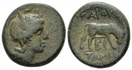 Macedon under the Romans, Gaius Publilius, quaestor Bronze circa 148-147, Æ 19.40 mm., 8.69 g.
Helmeted head of Athena r. Rev. ΓAIOV above, TAMIOY in...