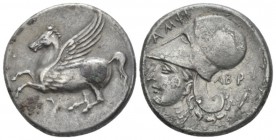 Acarnania, Argos Stater circa 340-330, AR 22.30 mm., 8.29 g.
Pegasus flying l.. Rev. AMΦI Head of Athena l., wearing Corinthian helmet; behind neck g...