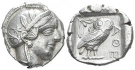 Attica, Athens Tetradrachm circa 450, 24.60 mm., 17.14 g.
Head of Athena r., wearing Attic helmet decorated with olive wreath and palmette. Rev. Owl ...